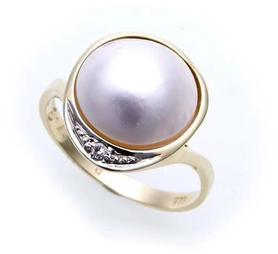 Pre-owned Pearl Women's Ring Genuine Gold 585 Mabe  0 7/16in Brilliant 0,02 Yellow Diamond