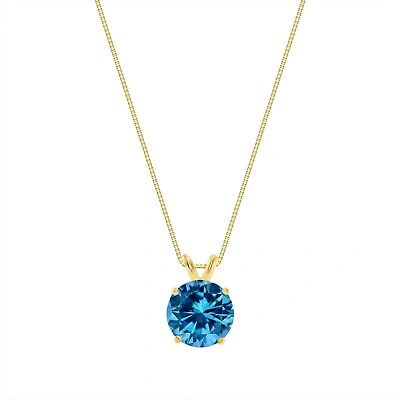 Pre-owned Shine Brite With A Diamond 2.75 Ct Round Cut Blue Solid 14k Yellow Gold Solitaire Pendant 18" Necklace