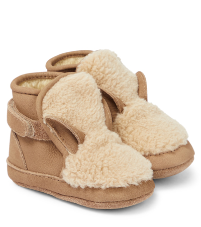 Donsje Baby Richy Leather And Faux Fur Booties In Beige Curly Faux Fur