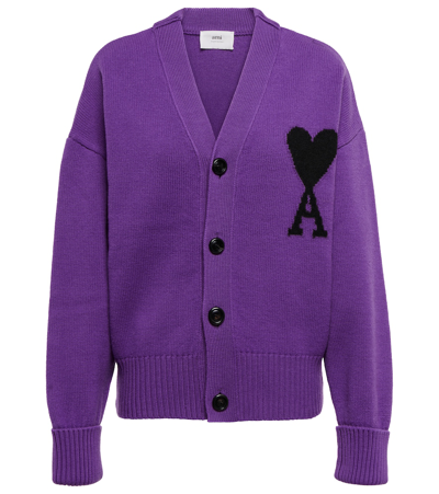 Ami Alexandre Mattiussi Ami De Caur Wool Cardigan In Purple