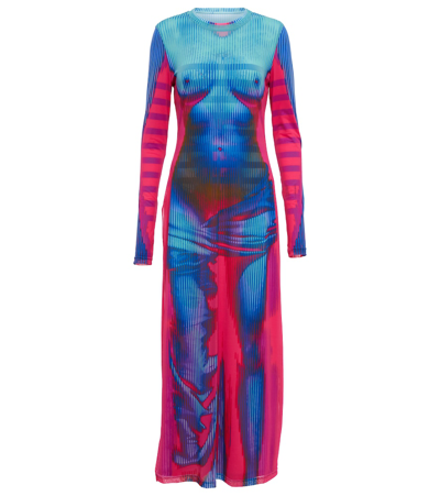 Y/project X Jean Paul Gaultier Body Morph Mesh Maxi Dress In Blue,red,light Blue