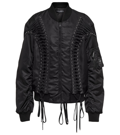 Dolce & Gabbana Lace-up Technical Fabric Bomber Jacket In Black