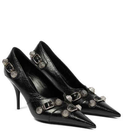 Balenciaga Cagole Leather Pumps In Black/aged Nikel