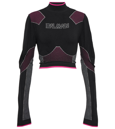 Balmain Logo Bustier Seamless Jersey Crop Top In Eeh Noir/fuchsia