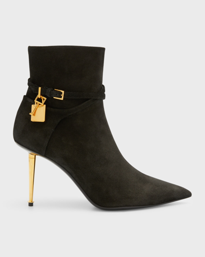 Tom Ford Lock Suede Stiletto Ankle Booties In Black