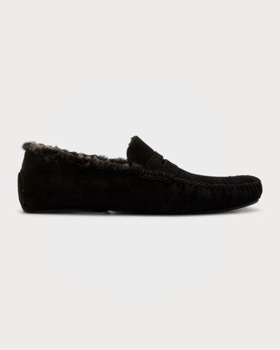 Manolo Blahnik Men's Kensington 197 Fur-lined Suede Moccasin Loafers In Black
