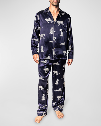 Petite Plume Men's Silk Panthere De Nuit Pajama Set In Navy