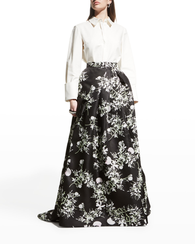 Monique Lhuillier Floral Ballgown Skirt W/ Slit In Noirsilk White