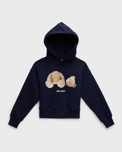 Palm Angels Boy's Bear Logo-print Hoodie In Navy Blue