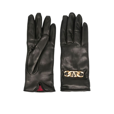 Valentino Garavani Black Leather Gloves With Logo