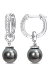 Delmar Sterling Silver, Diamond, & 8-8.5mm Black Tahitian Pearl Drop Hoop Earrings In Black