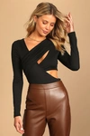 Lulus Making The Cut Black Long Sleeve Cutout Bodysuit In Black