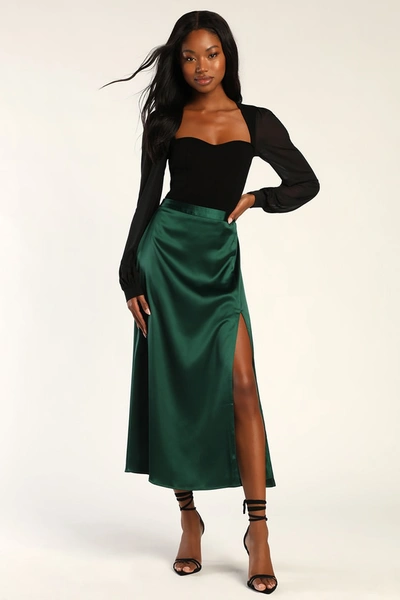 Lulus Elegant Blossoms Emerald Green Satin Midi Skirt