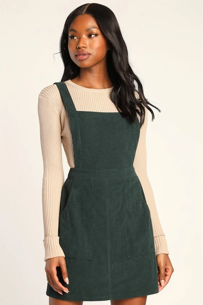 Lulus Embracing Autumn Emerald Green Corduroy Pinafore Mini Dress