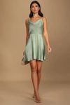 Lulus Party With Prosecco Sage Green Satin Tie-back Mini Dress In Sage Green