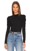 Bobi Side Shirred Crewneck Long Sleeve Tee In Black In Black
