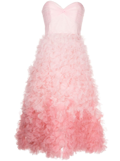 Marchesa Notte Strapless Appliquéd Dégradé Tulle Midi Dress In Baby Pink
