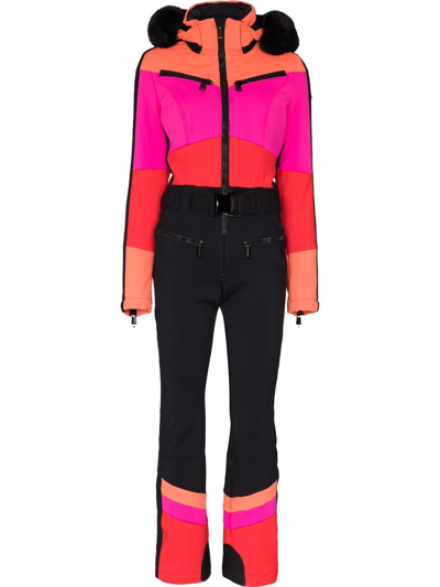 Goldbergh Pearl Colorblock Ski Suit With Faux Fur Ruff In Multi