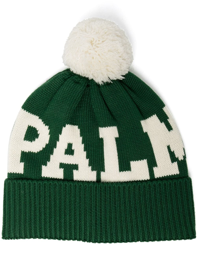 Palm Angels Intarsia Logo Beanie In Green White