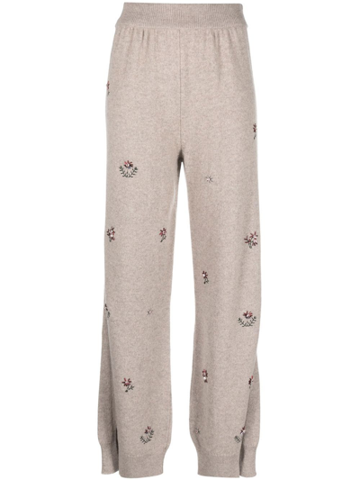 Barrie Floral-embroidered Cashmere Trousers In Nude