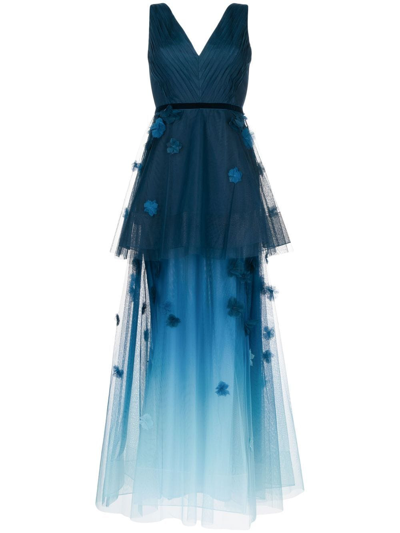 Marchesa Notte Women's Floral Applique Peplum Tulle Gown In Blue