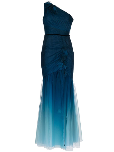 Marchesa Notte Ombre One-shoulder Gown In Blue