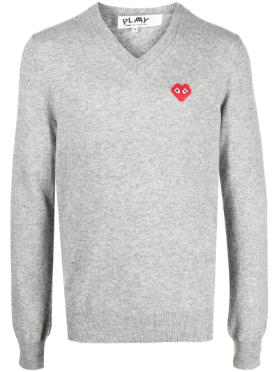 Comme Des Garçons Play V-neck Wool Jumper In Grey