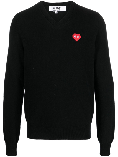 Comme Des Garçons Play V-neck Logo-patch Knit Jumper In Schwarz