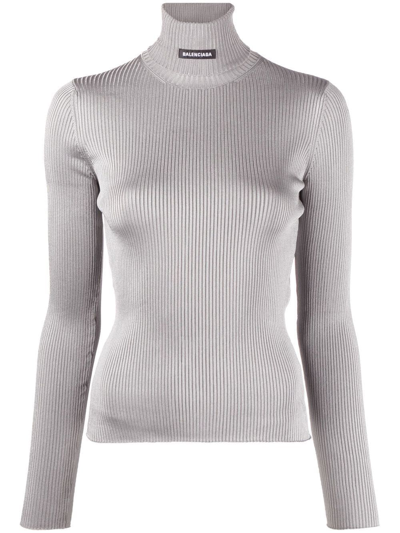 Balenciaga Logo Ribbed Knit Jumper In Gray