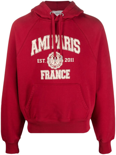 Ami Alexandre Mattiussi France Logo-print Cotton-jersey Hoodie In Red