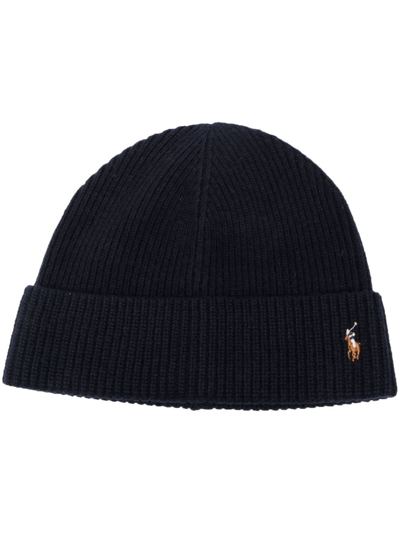 Polo Ralph Lauren Embroidered-logo Ribbed-knit Hat In Blau