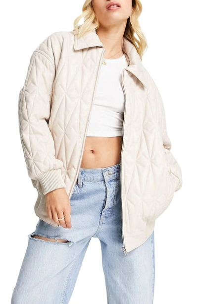 Asos Design Faux Leather Quilted Bomber Jacket In Cream-white
