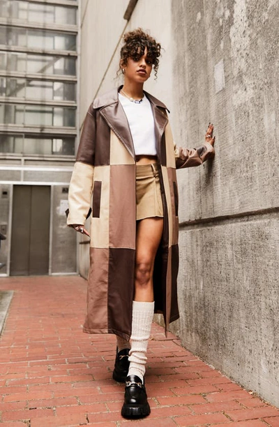 Asos Design Patched Faux Leather Trench Coat In Brown In Neutral