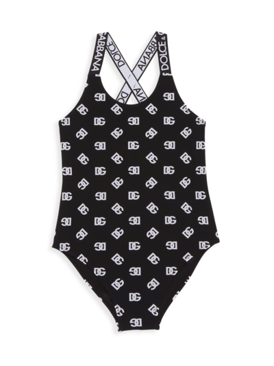 Dolce & Gabbana Little Girl's & Girl's 'dg' Print One-piece Swimsuit In Black White