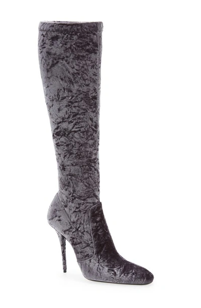 Saint Laurent Ella Velvet Knee-high Boots In Grey