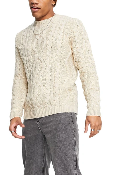 Asos Design Cable Knit Lambswool Crew Neck Sweater In Ecru-white