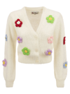 Mc2 Saint Barth Brushed Knit Crop Cardigan With Flowers In White