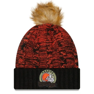 New Era Women's  Black, Cleveland Browns 2022 Salute To Service Pom Knit Hat In Black,brown