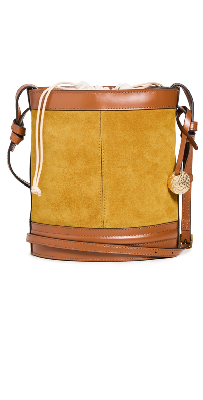 Staud Anita Leather-trimmed Suede Bucket Bag In Yellow
