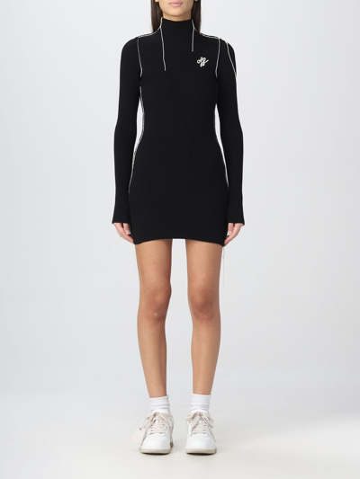 Off-white Embroidered-logo Knit Dress In Black White