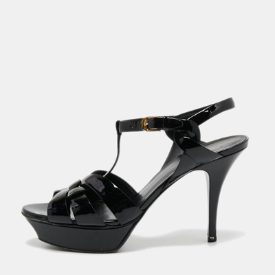 Pre-owned Saint Laurent Black Patent Leather Tribute Platform Sandals Size 39