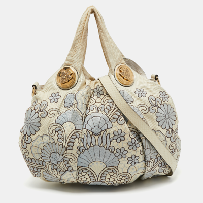 Pre-owned Gucci Cream Floral Embroidered Python Large Hysteria Hobo