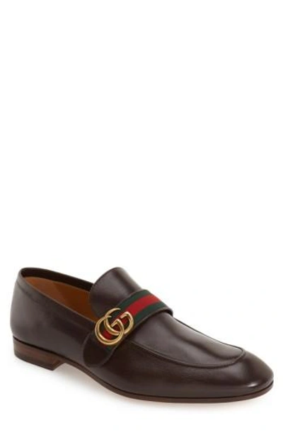 Gucci Men's Donnie Web Leather Loafers In Cocoa