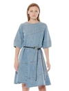 Gracia Round Neck Short Sleeve A-line Belted Denim Dress In Blue