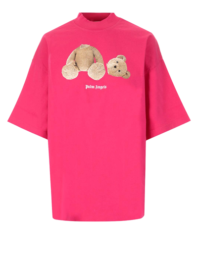 Palm Angels Woman Fuchsia Loose T-shirt With Bear Print In Pink
