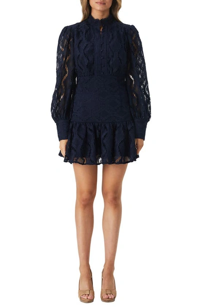 Bardot Remy Lace Long Sleeve Minidress In Navy