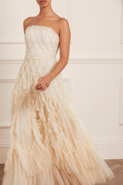 Needle & Thread Rosella Ruffle Strapless Gown In Champagne