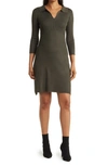 Love By Design Vermont Spread Collar Three-quarter Sleeve Rib Knit Dress In Rifle Green
