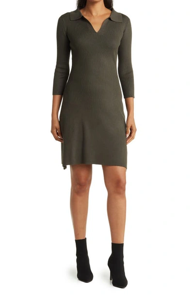 Love By Design Vermont Spread Collar Three-quarter Sleeve Rib Knit Dress In Rifle Green