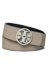 Tory Burch Miller Reversible Logo Belt In Gray Heron / Black / Silver